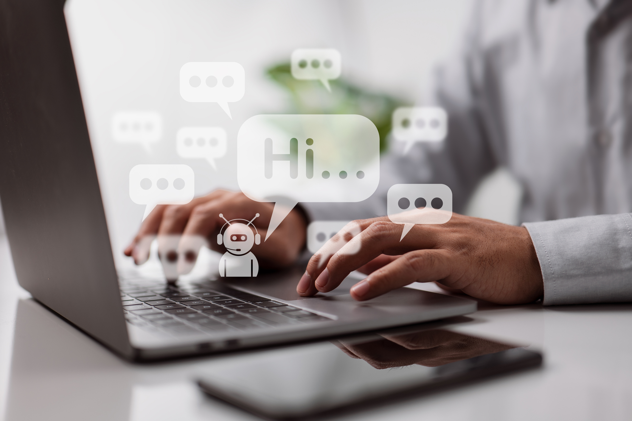 Concept for an AI Chatbot smart digital customer care application. Artificial intelligence chatbot program on a computer or mobile automatic responds to online messages to assist clients immediately.
